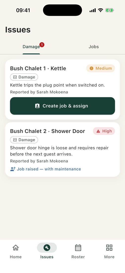Issues board: damage reports with severity and a button to create and assign a job