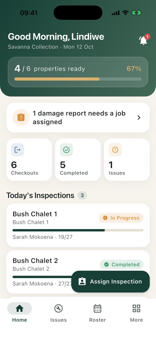 Basisa manager home: 4 of 6 properties ready, a damage report waiting and today's inspections
