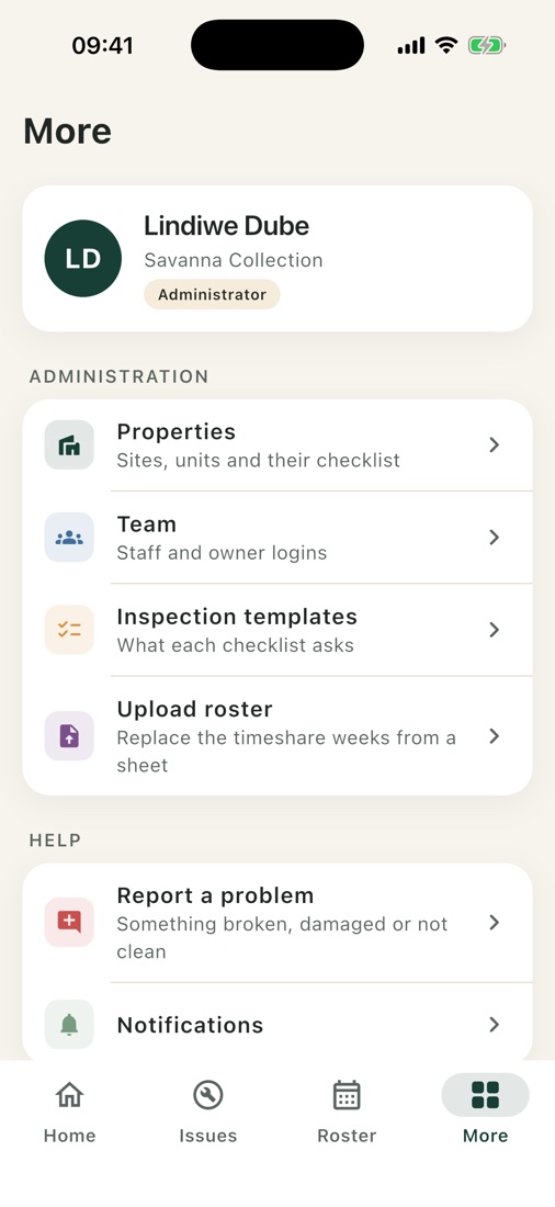 Administration menu: properties, team, inspection templates and roster upload