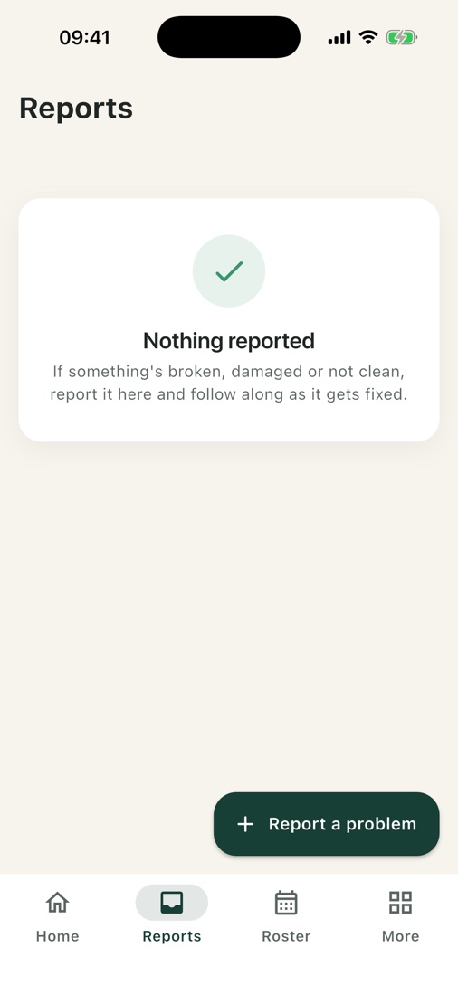 Reports screen with a Report a problem button